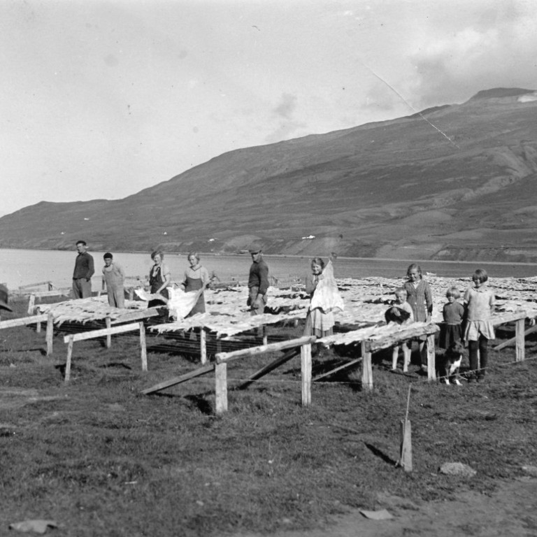 Saltfiskþurrkun á Hlöðum. Oddgeir Jóhannsson, Alfreð Pálsson, Vernharður Oddgeirsson, Agnes Oddgeirsdóttir, Aðalheiður Oddgeirsdóttir, NN, Fanney Oddgeirsdóttir, Magnús Jónsson, Hlaðgerður Oddgeirsdóttir, Sigríður Oddgeirsdóttir og Margrét Oddgeirsdóttir